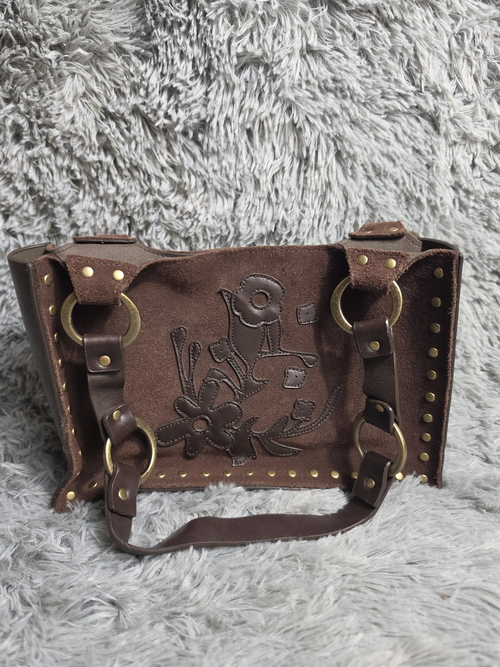 Vintage Express Y2K Brown Genuine Suede Boho Studded Floral Shoulder Bag